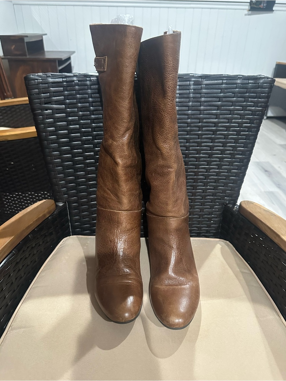 Steven By Steve Madden Brown distressed Leather Mid-Calf wedged Heeled Boot